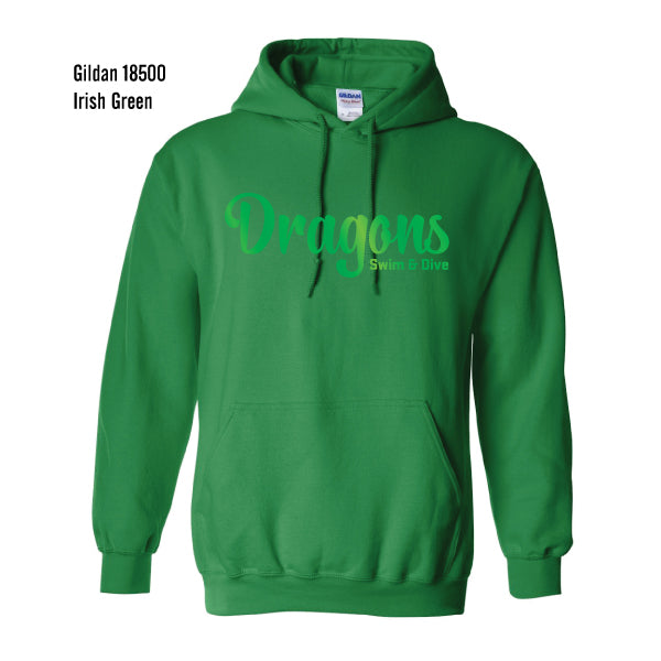 Carroll Swim & Dive "Green FOIL Dragons" Gildan Heavy Blend Hooded Pullover Sweatshirt