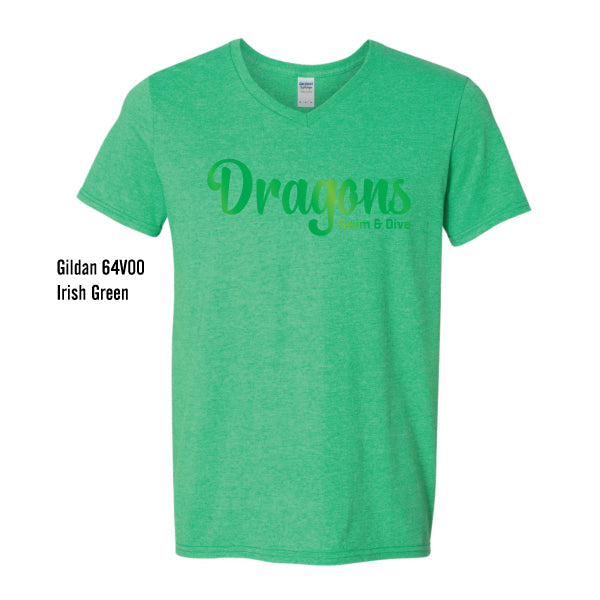 Carroll Swim & Dive "Green Foil Dragons" Gildan Softstyle V-Neck T-Shirt